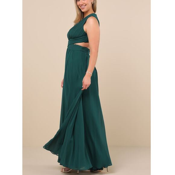 Lulus NWT Vivid Imagination Emerald Green Cutout Plunging Twirl Maxi Dress Large - Picture 2 of 10